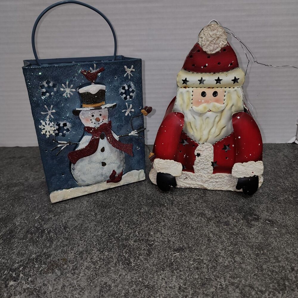 Vintage Metal Christmas Candle Lantern Lot Snowman Tote Santa Tealight Holder